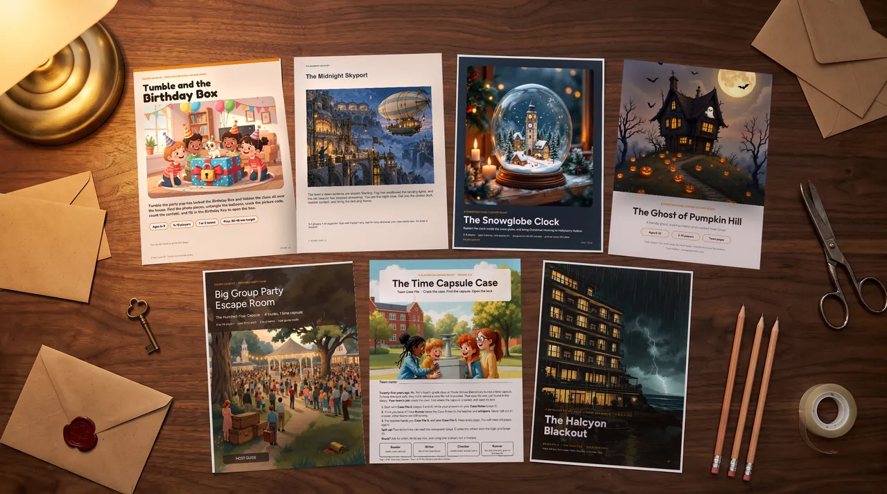 The seven printed game covers of The Complete Escape Room Collection laid out on a wooden table in lamplight